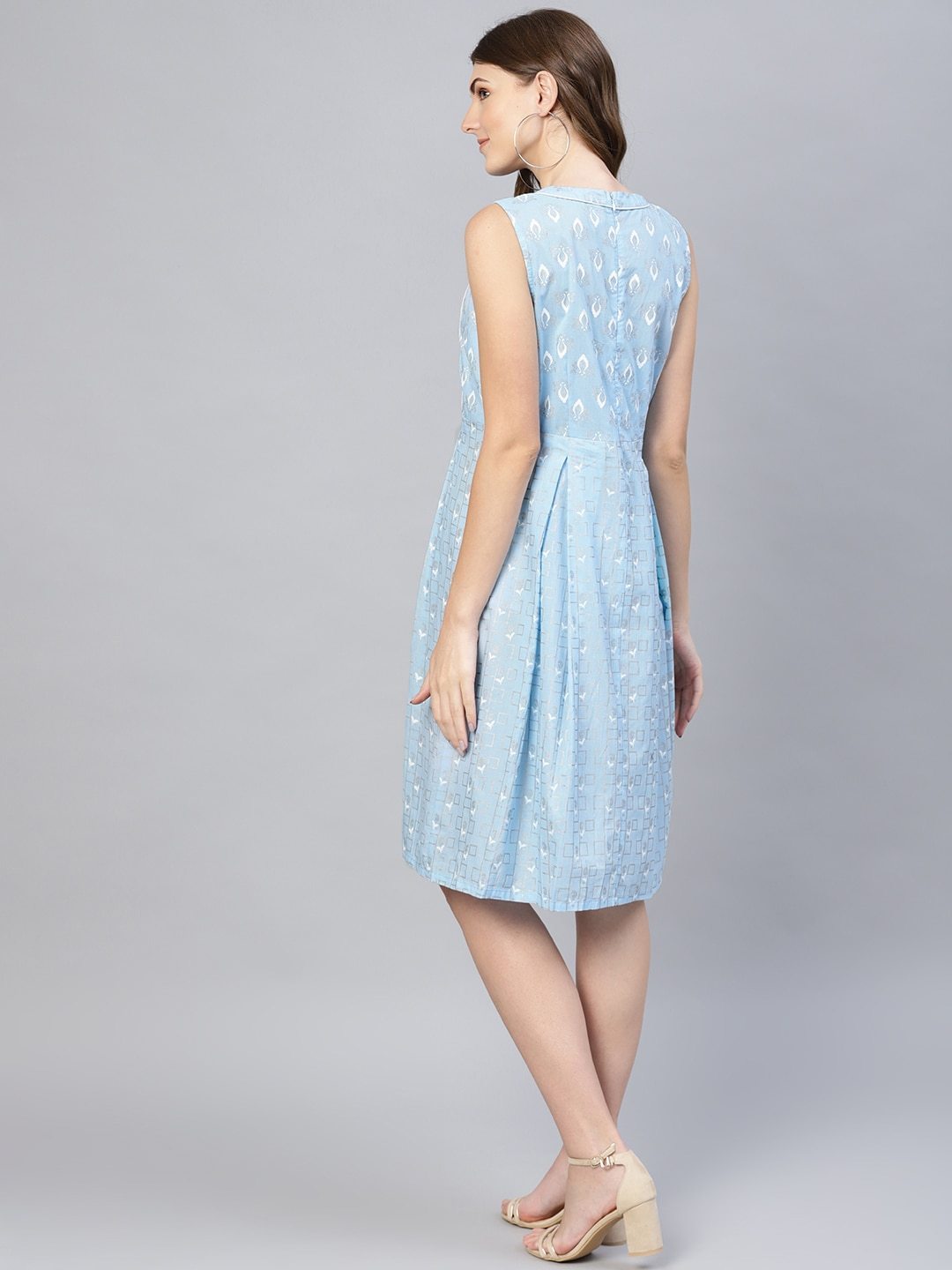 Women's  Blue & White Khari Print A-Line Dress - AKS