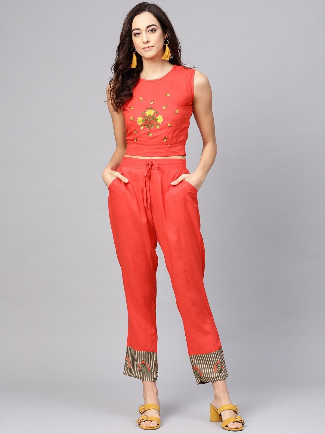 Women's Coral Orange Embroidered Crop Top with Trousers & Ehtnic Jacket - Meeranshi
