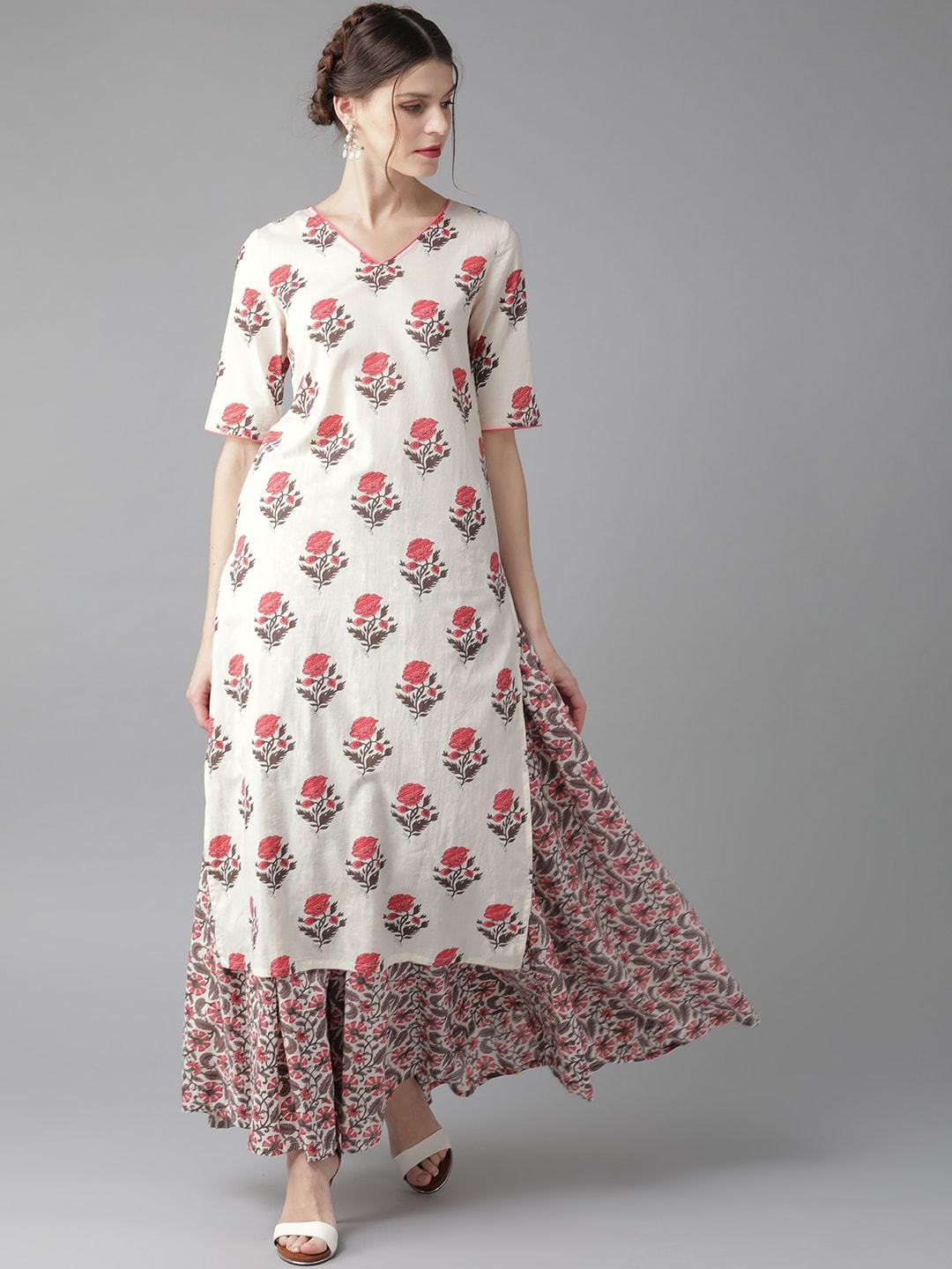 Women's  White & Pink Screen Print Kurta with Skirt - AKS