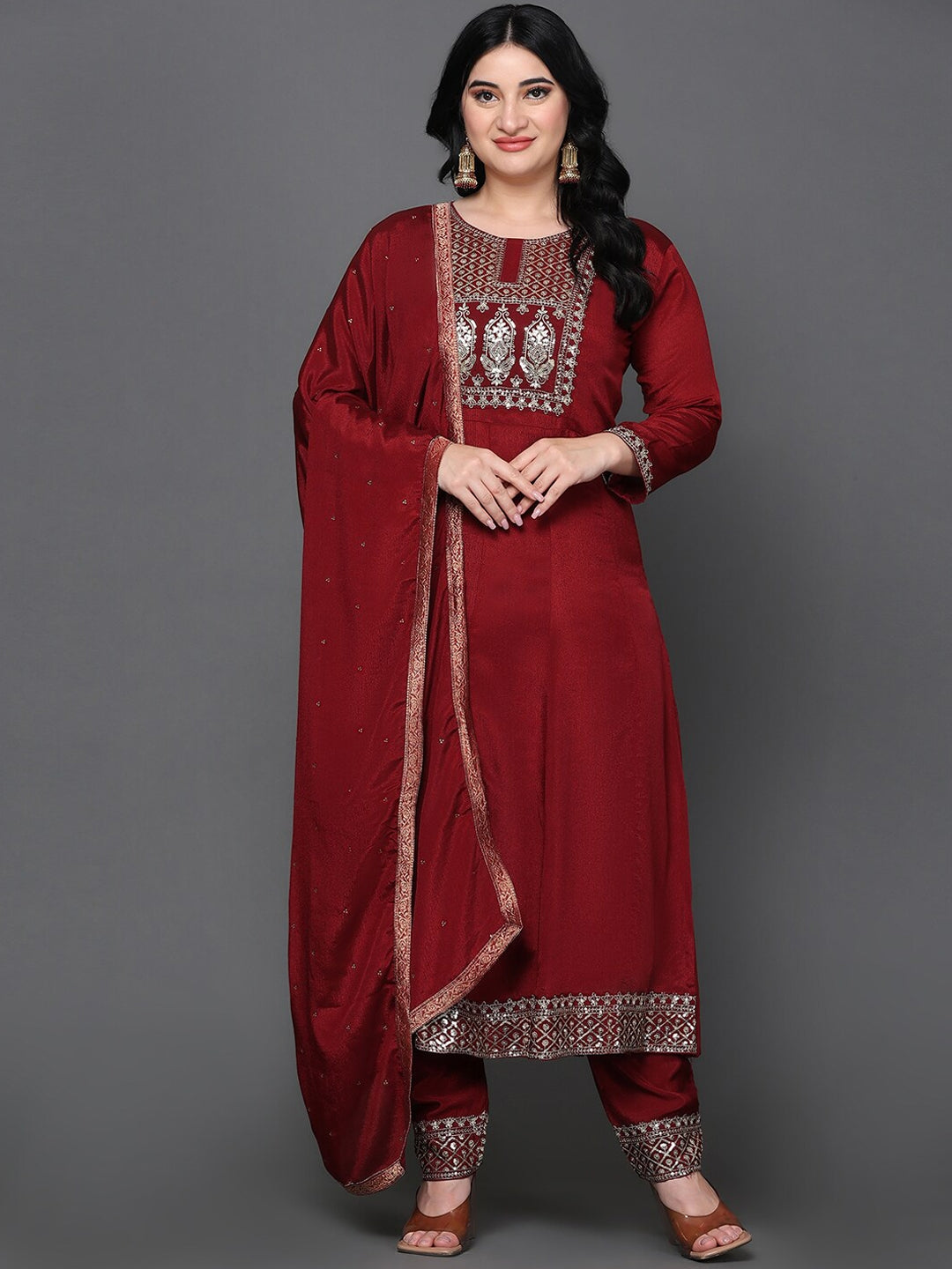Women's Ethnic Motifs Yoke Design Pure Silk Anarkali Kurta With Trousers & Dupatta - Noz2Toz