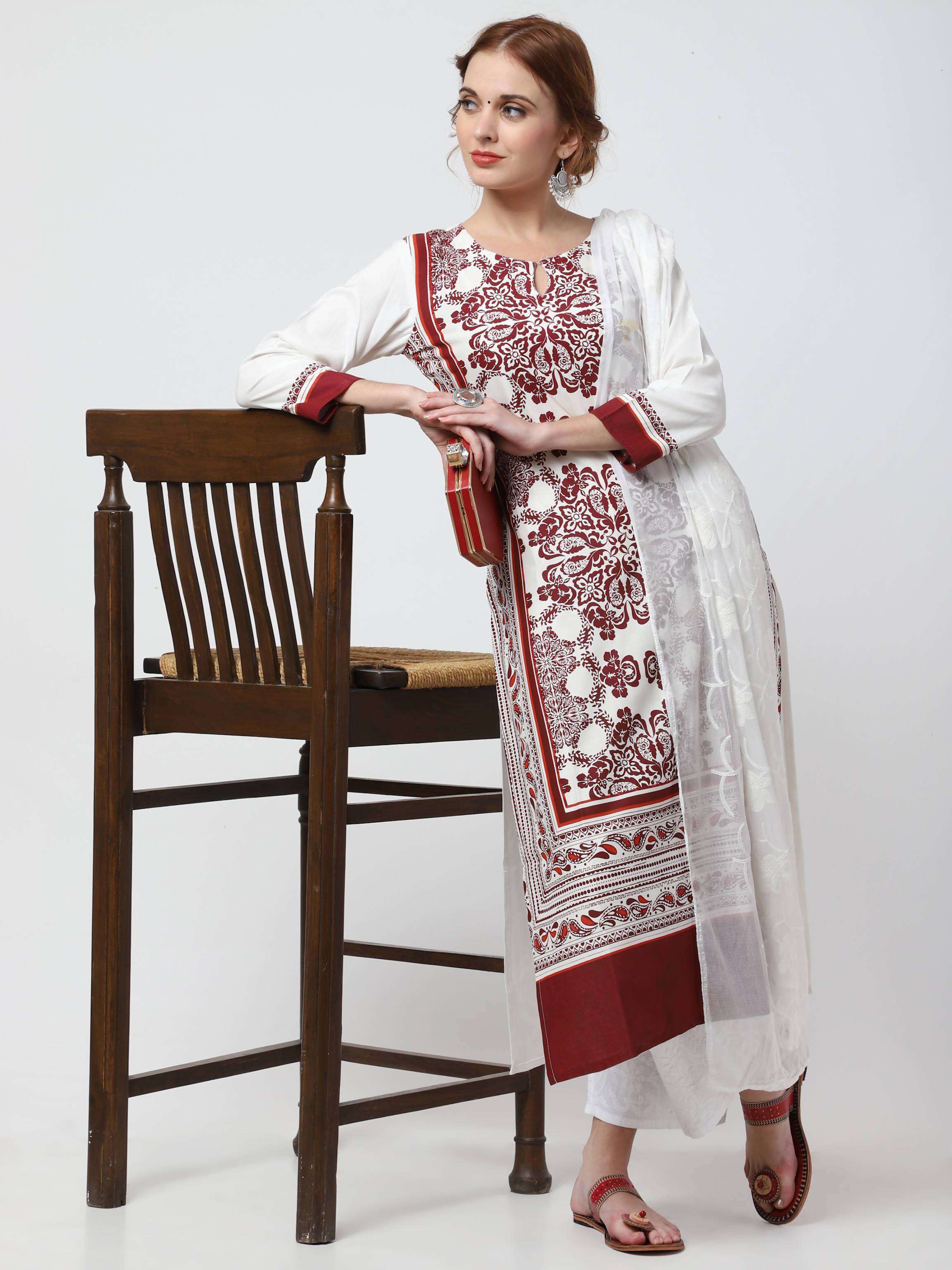 Women's Off-White Viscose Rayon Kurta With Chikankari Palazzo & Embroidered Dupatta Set - Cheera