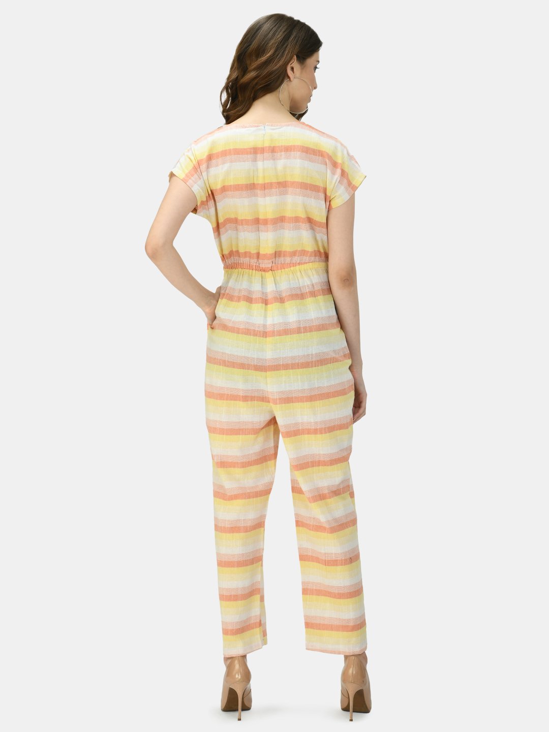 Women's Multicolor Cotton Printed Short Sleeve Round Neck Casual Jumpsuit - Myshka