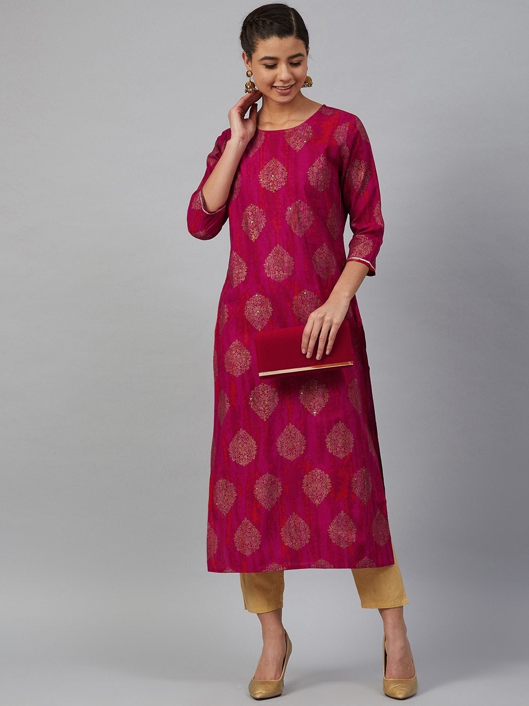 Women's Pink & Golden Printed Straight Dyed Kurta - Meeranshi