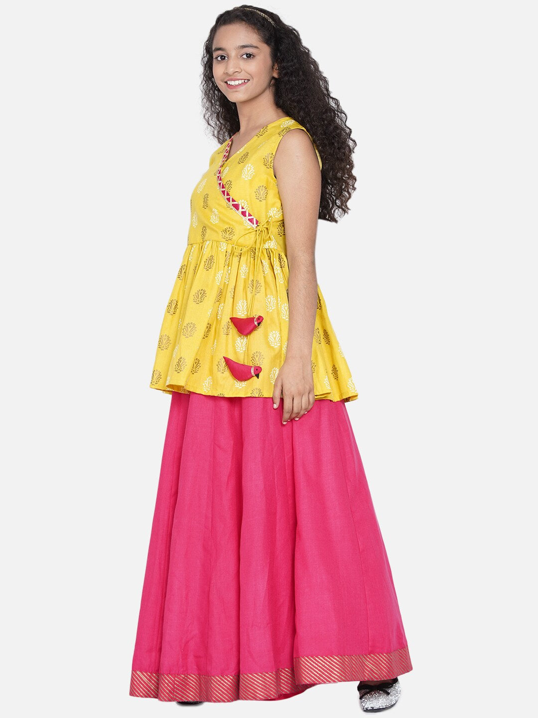 Girl's Yellow & Pink Printed Khari Print Ready to Wear Lehenga Set - NOZ2TOZ KIDS
