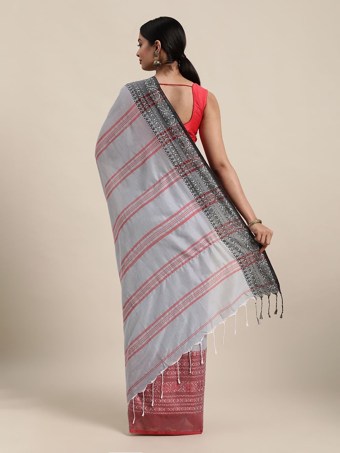 Women's Handloom Grey & Black Pure Cotton Woven Design Khadi Saree - Olive Mist