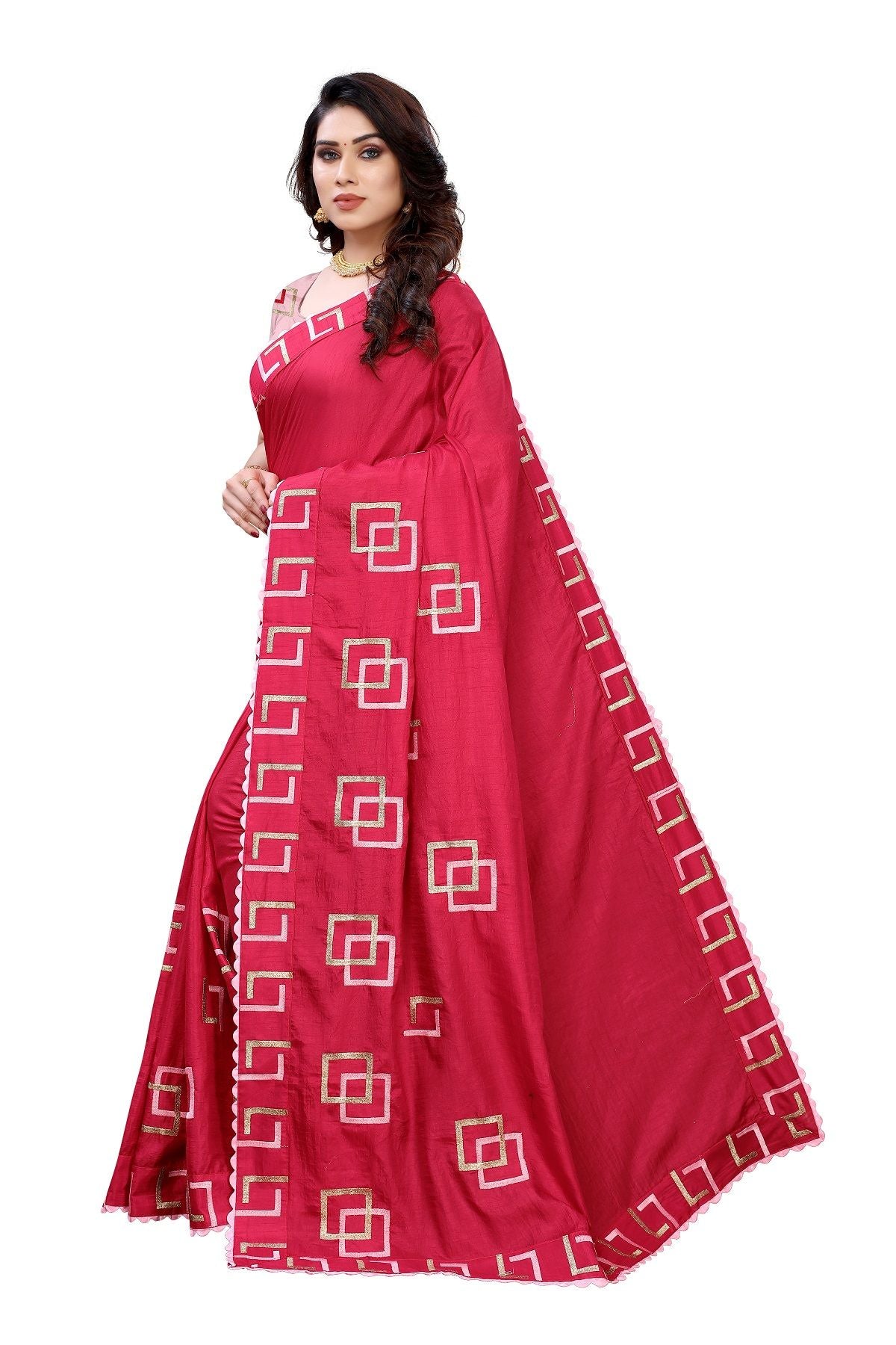 Women's Red Dola Silk Embroidery Saree With Blouse Piece - Vamika