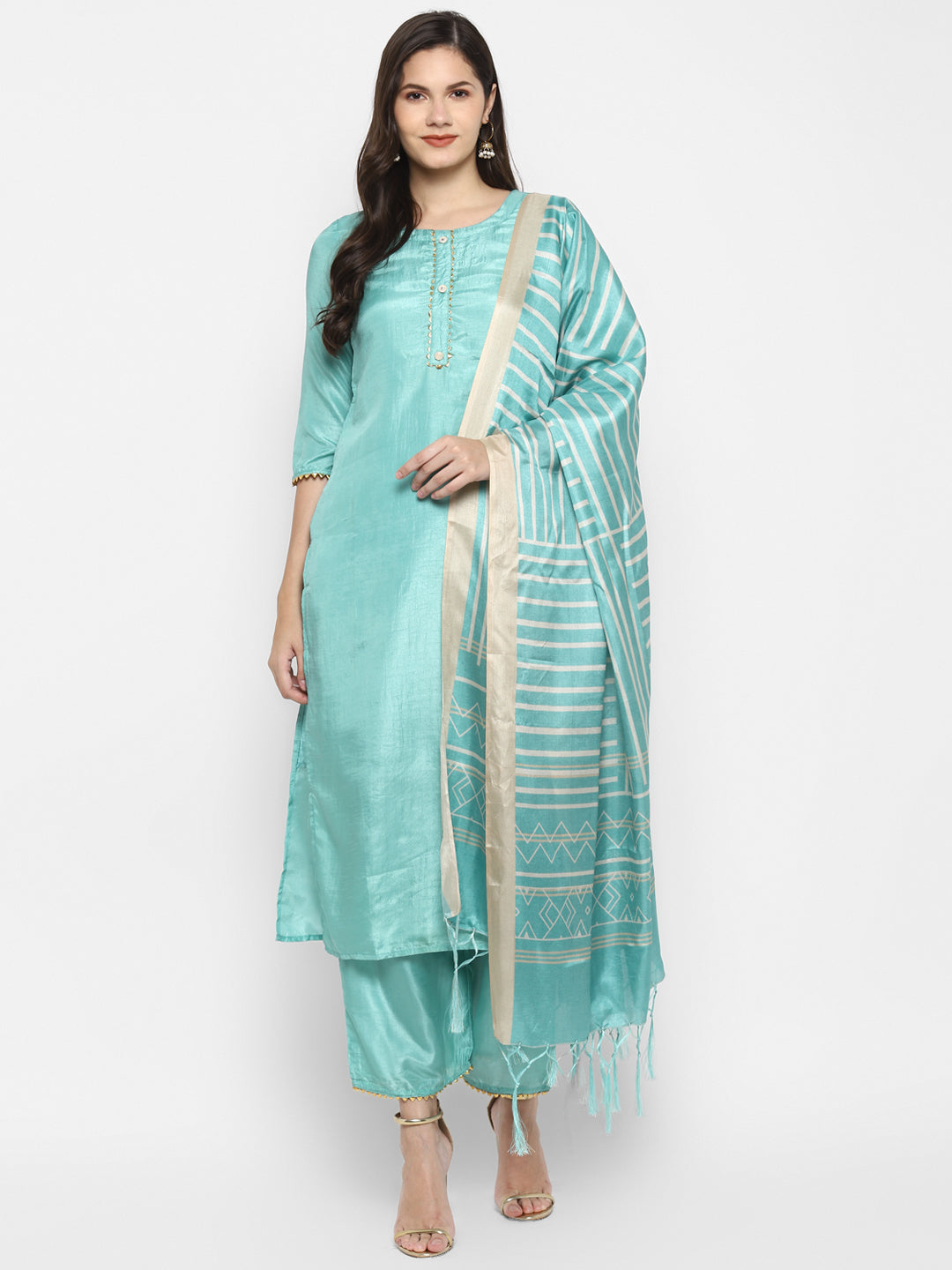 Women's Rama Color Silk Blend Straight Kurta Palazzo With Dupatta - VAABA