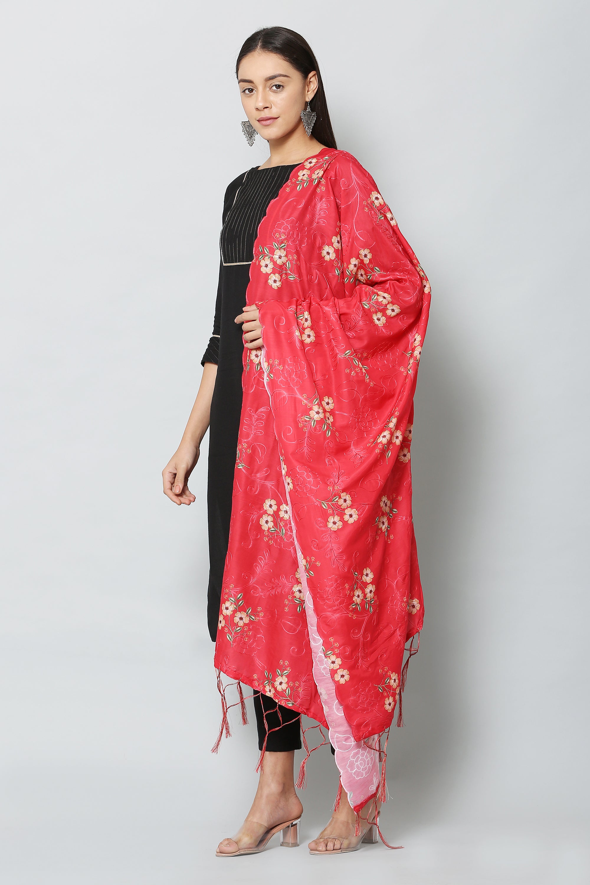 Women's Red Color Art Muslin Embroidery and Digital Printed Dupatta - VAABA