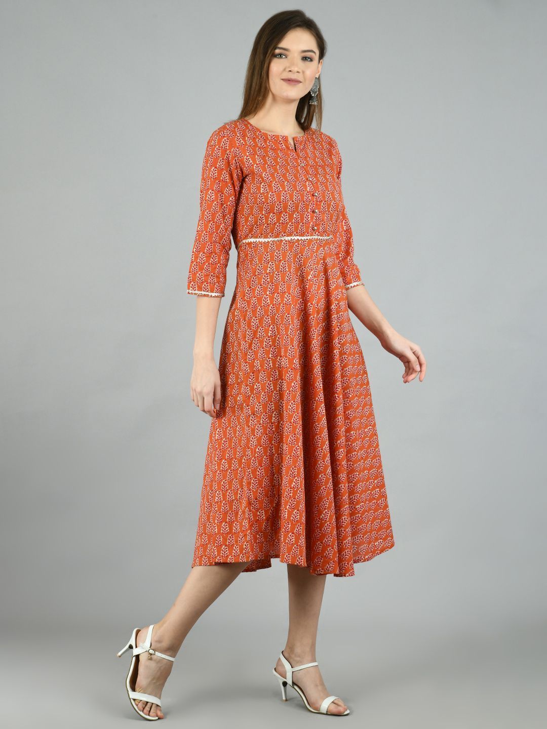 Women's Brown Cotton Printed 3/4 Sleeve Round Neck Casual Dress - Myshka