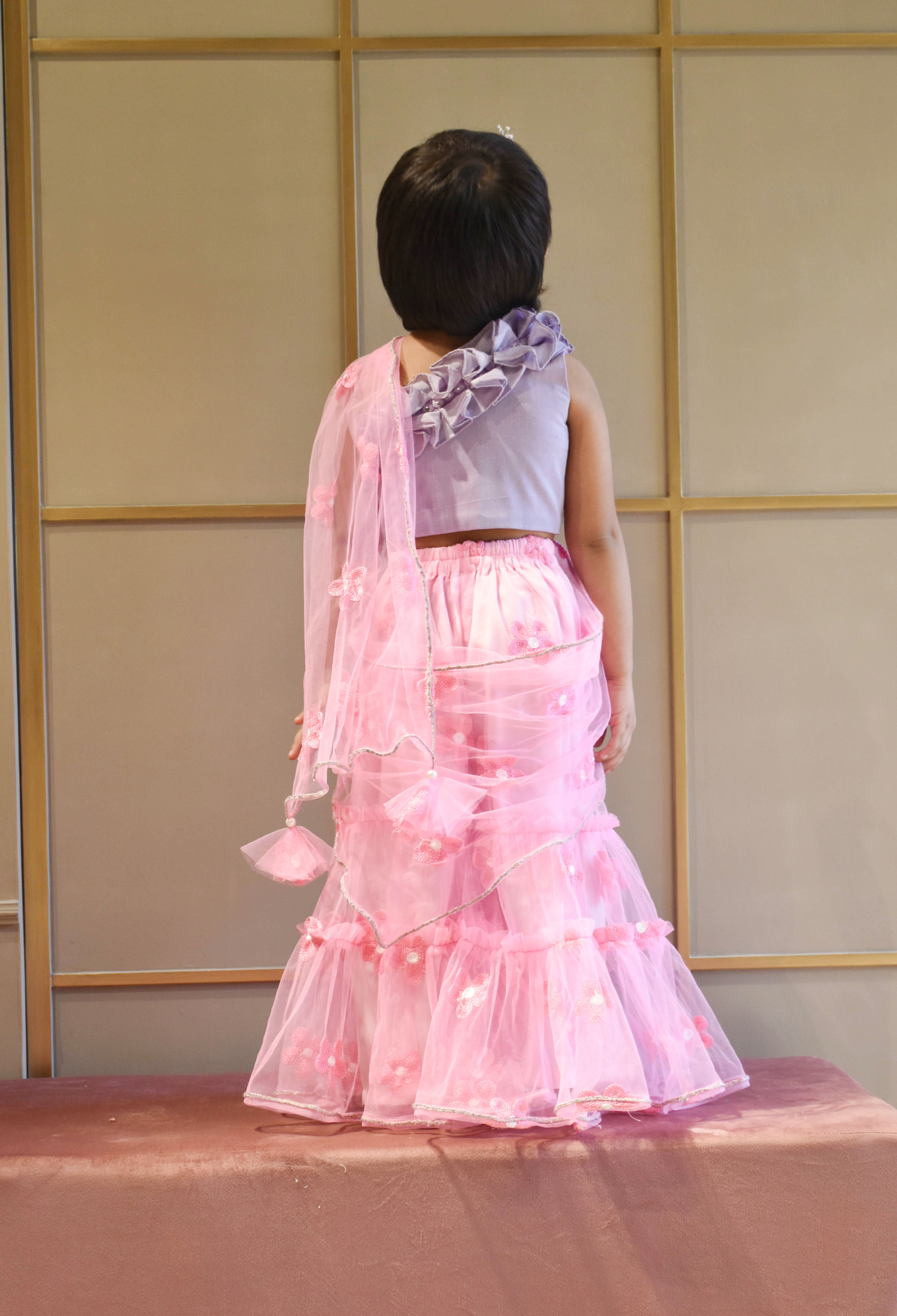 Girl's Lilac Choli And Pink Flower Net Sharara - Fayon Kids