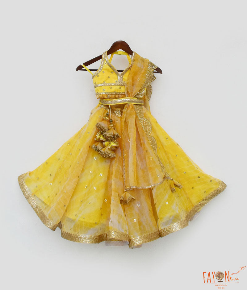 Girl's Yellow Printed Organza Lehenga Choli And Dupatta