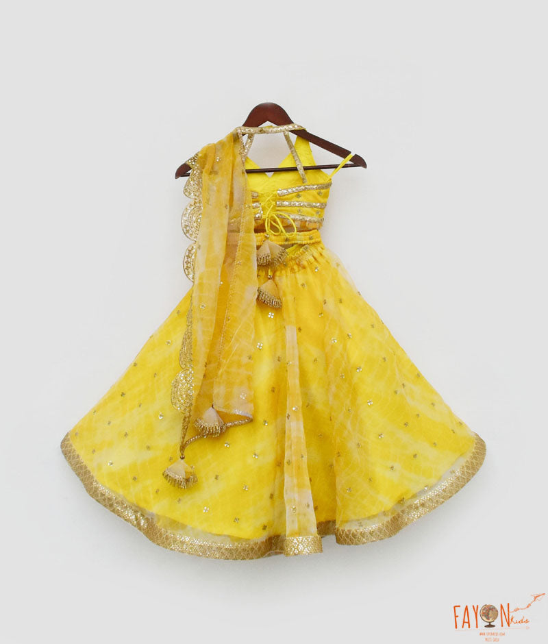 Girl's Yellow Printed Organza Lehenga Choli And Dupatta