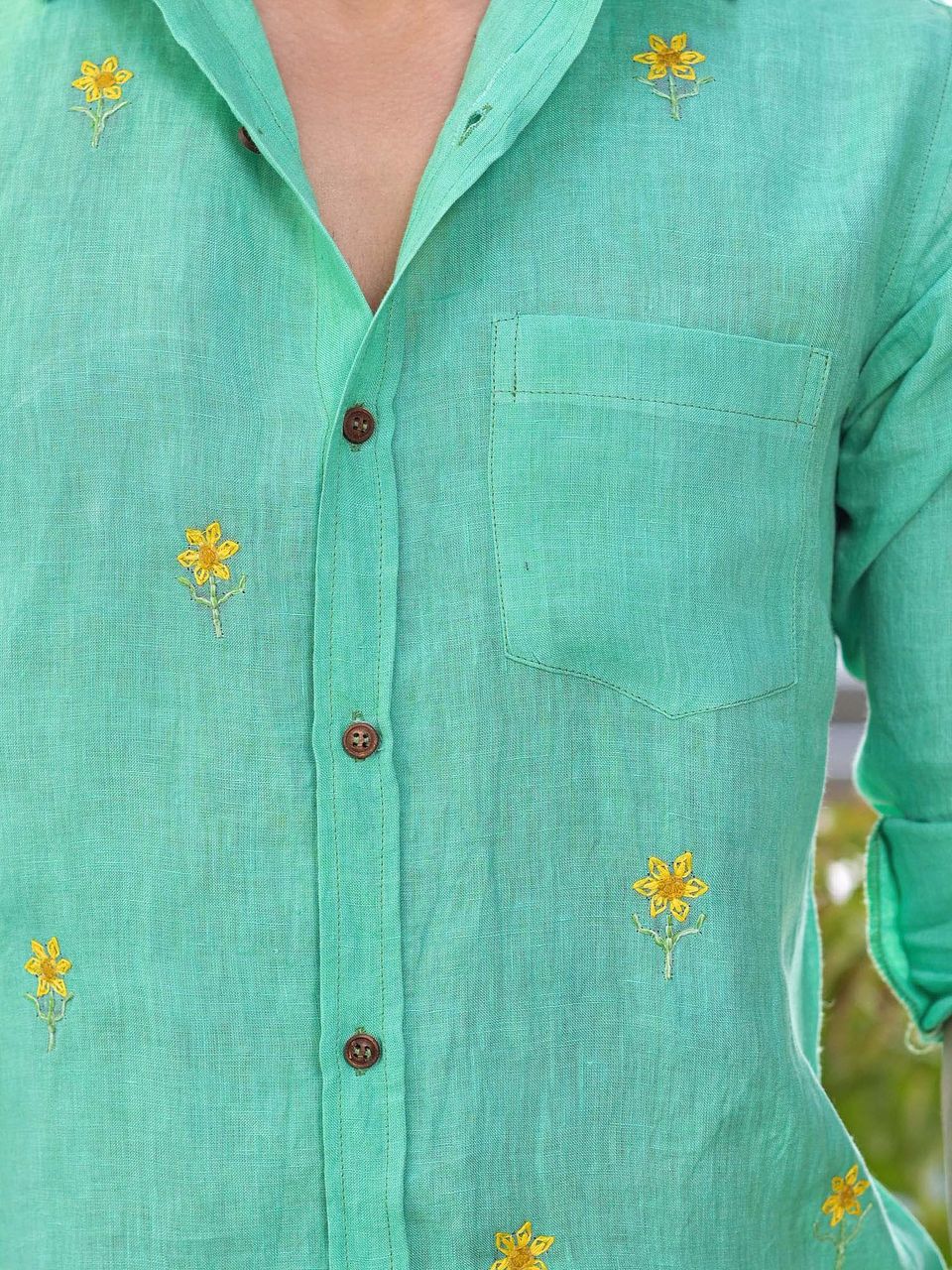 Men's Green Linen Embroidery Shirt - Hatheli