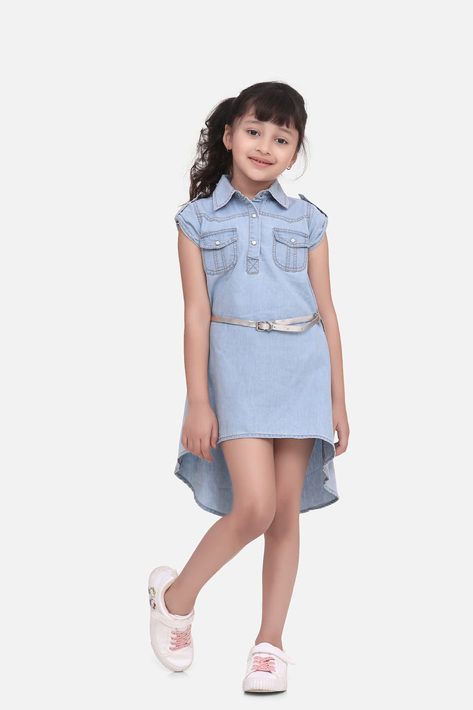 Girl's Denim Puff Sleeve Flared Dress - S
