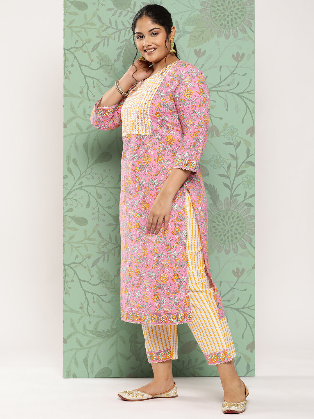 Women's Pink & Yellow Handblock Printed Pure Cotton Kurta With Trousers & Dupatta - Yufta