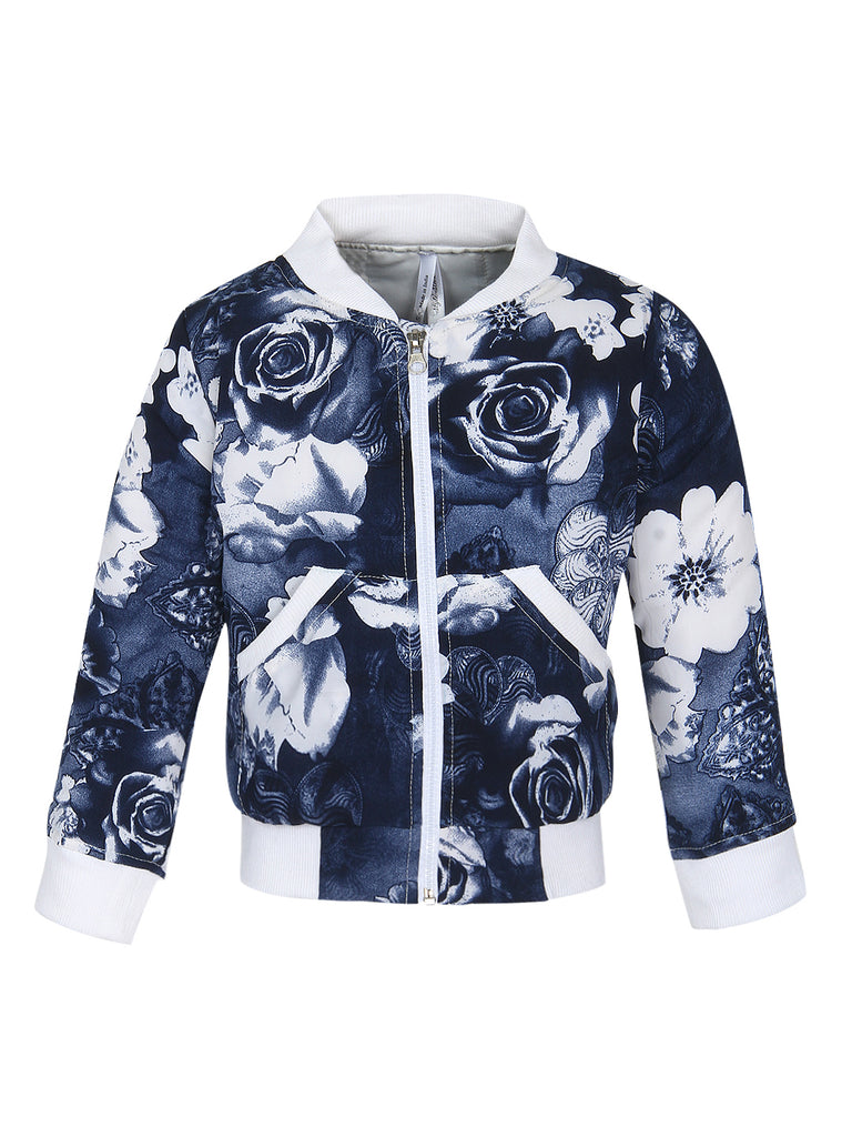 Girl's  Polyester Black Rose Printed Bomber Jacket - S