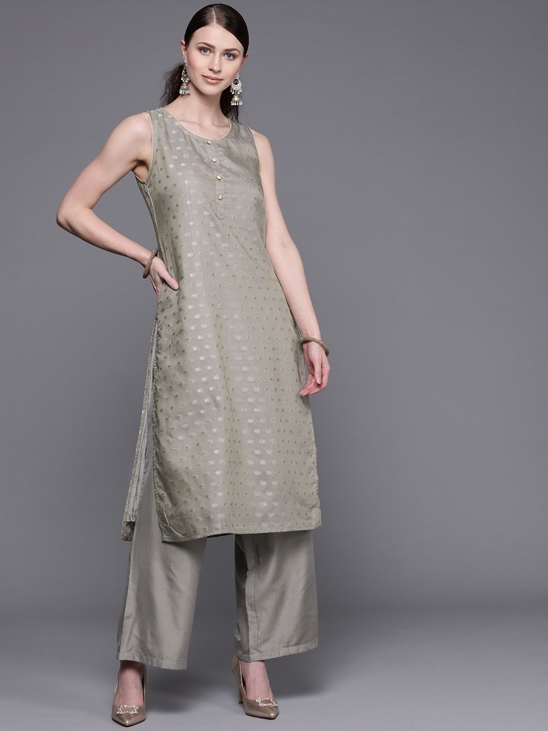 Women's  Grey & Golden Woven Design Kurta with Palazzos - AKS