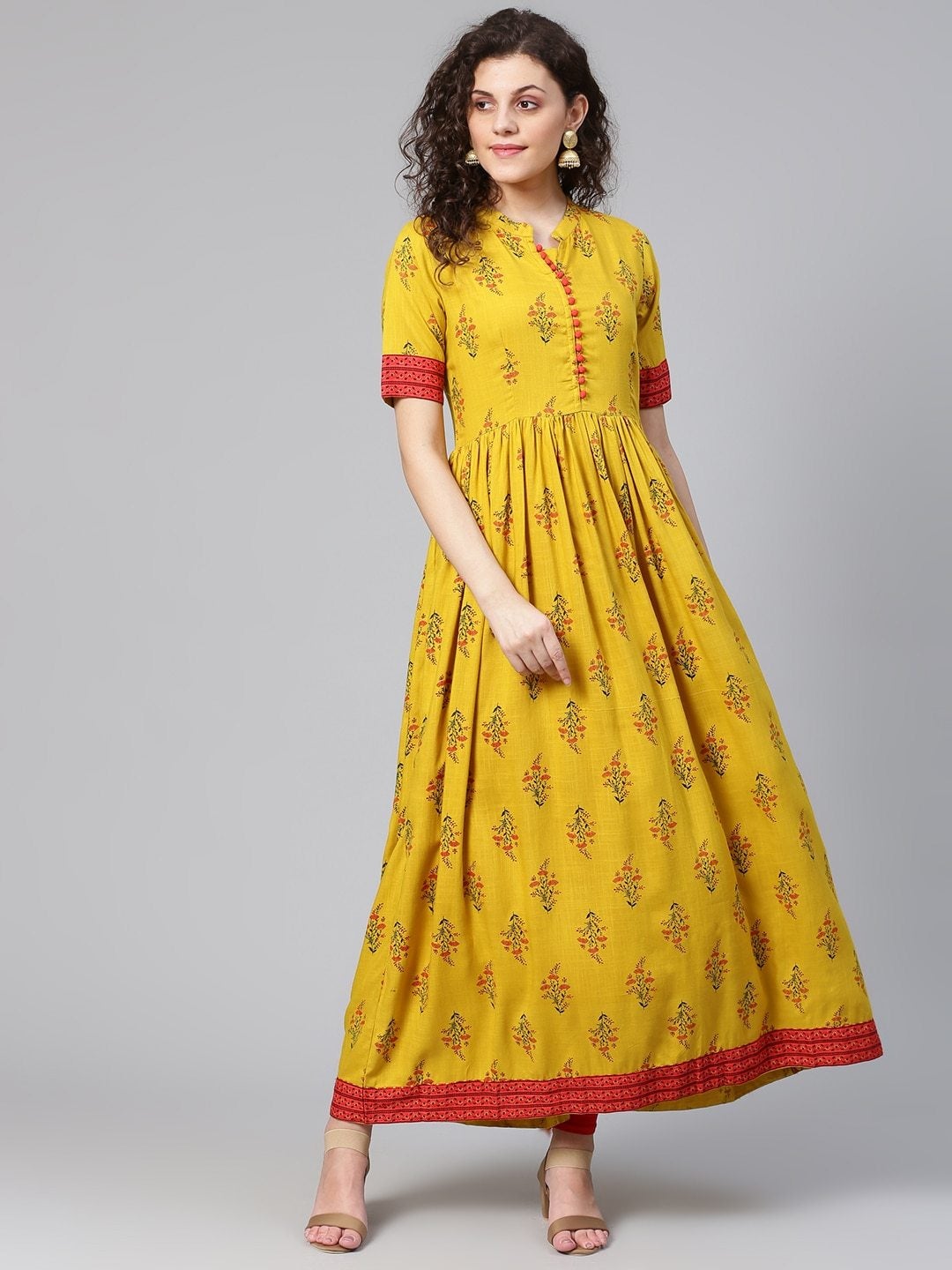 Women's Mustard Yellow & Red Printed A-Line Kurta - Meeranshi