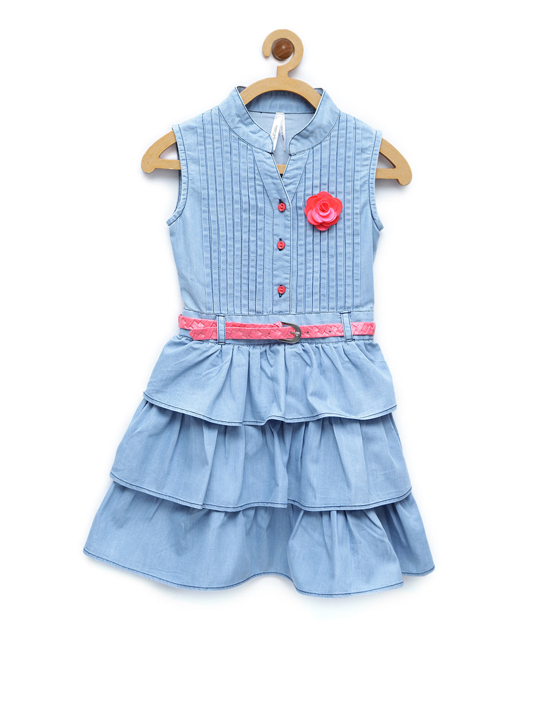 Girl's  Dark Blue Denim Tiered Rose Patch Dress With Belt - StyleStone Kid