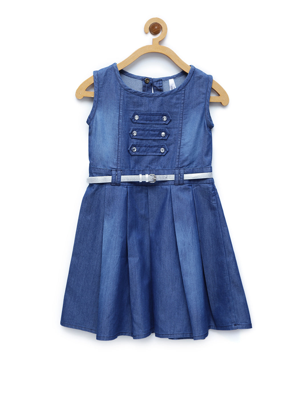 Girl's  Light Blue Denim Tiered Rose Patch Dress With Belt - StyleStone Kid
