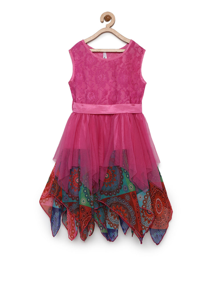 Girl's  Pink Asymmetrical Hemline Lace And Net Tiered Dress - S