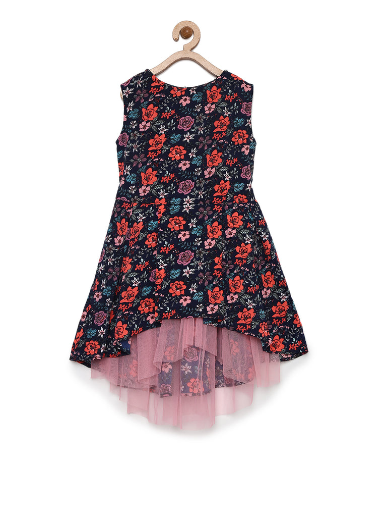 Girl's  Black Floral Dress With Net Inset And Hi Lo Hemline - S