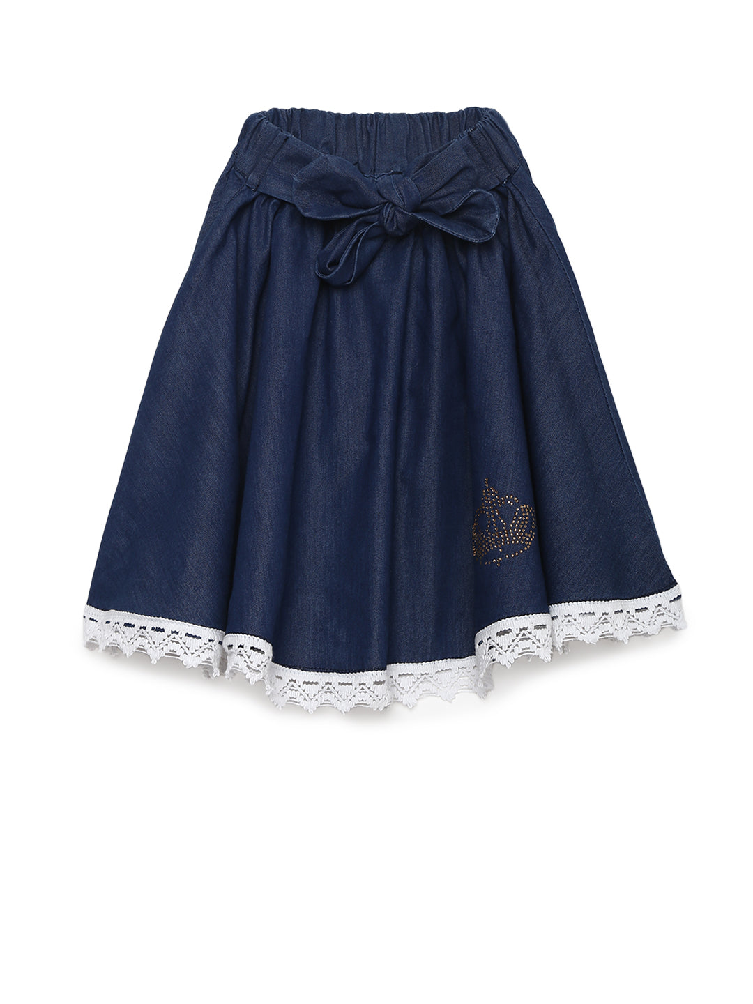 Gilr's Denim Skirt With Bow Tie Belt And Embellished Patch - StyleStone Kid
