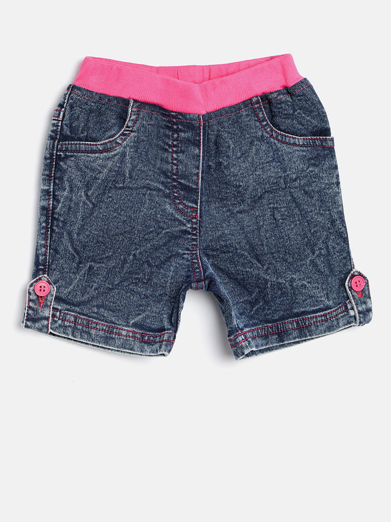 Gilr's Denim Washed Shorts With Red Waistband And Side Loop - S