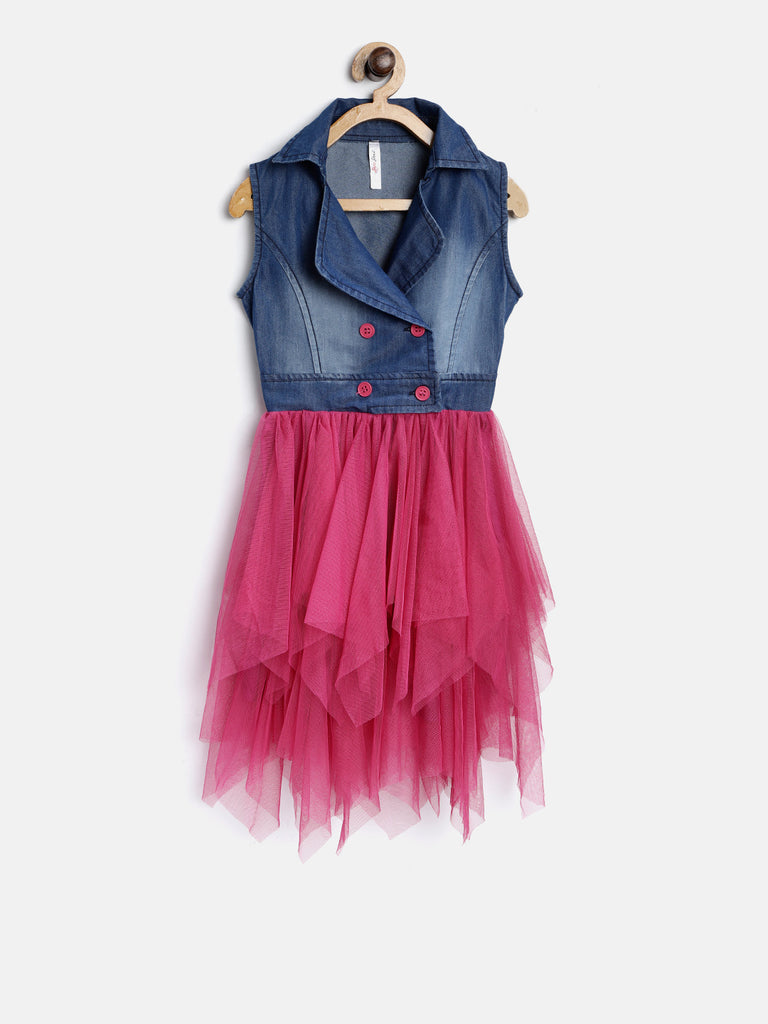 Gilr's Denim Dress With Bow And White Lace - S
