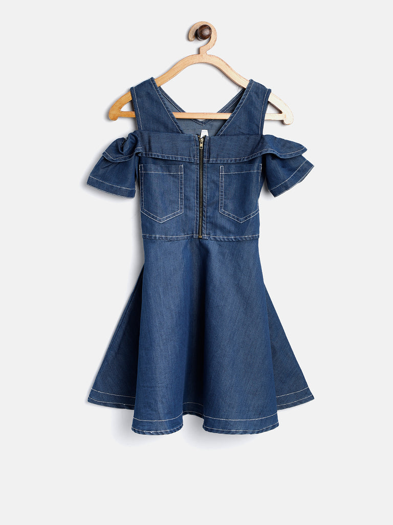 Gilr's Denim And Pink Net Tiered Dress - S