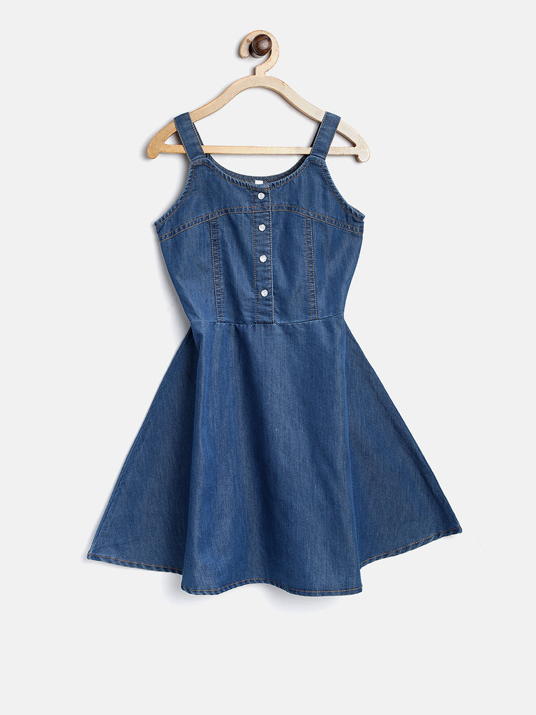 Gilr's  Denim And Multi Color Stripe Dress - S