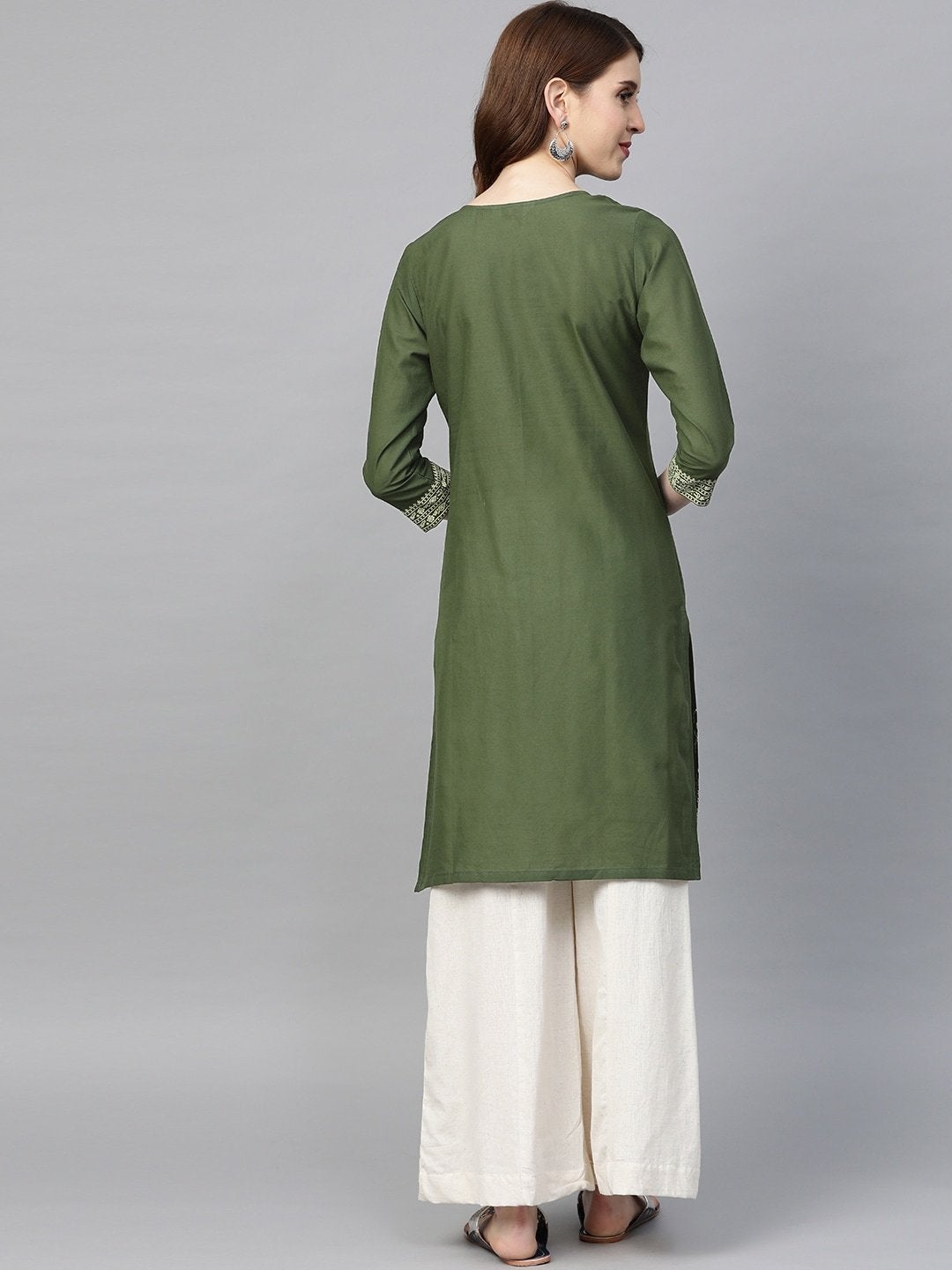 Women's Olive Green & Cream-Coloured Block Print Straight Kurta - Meeranshi