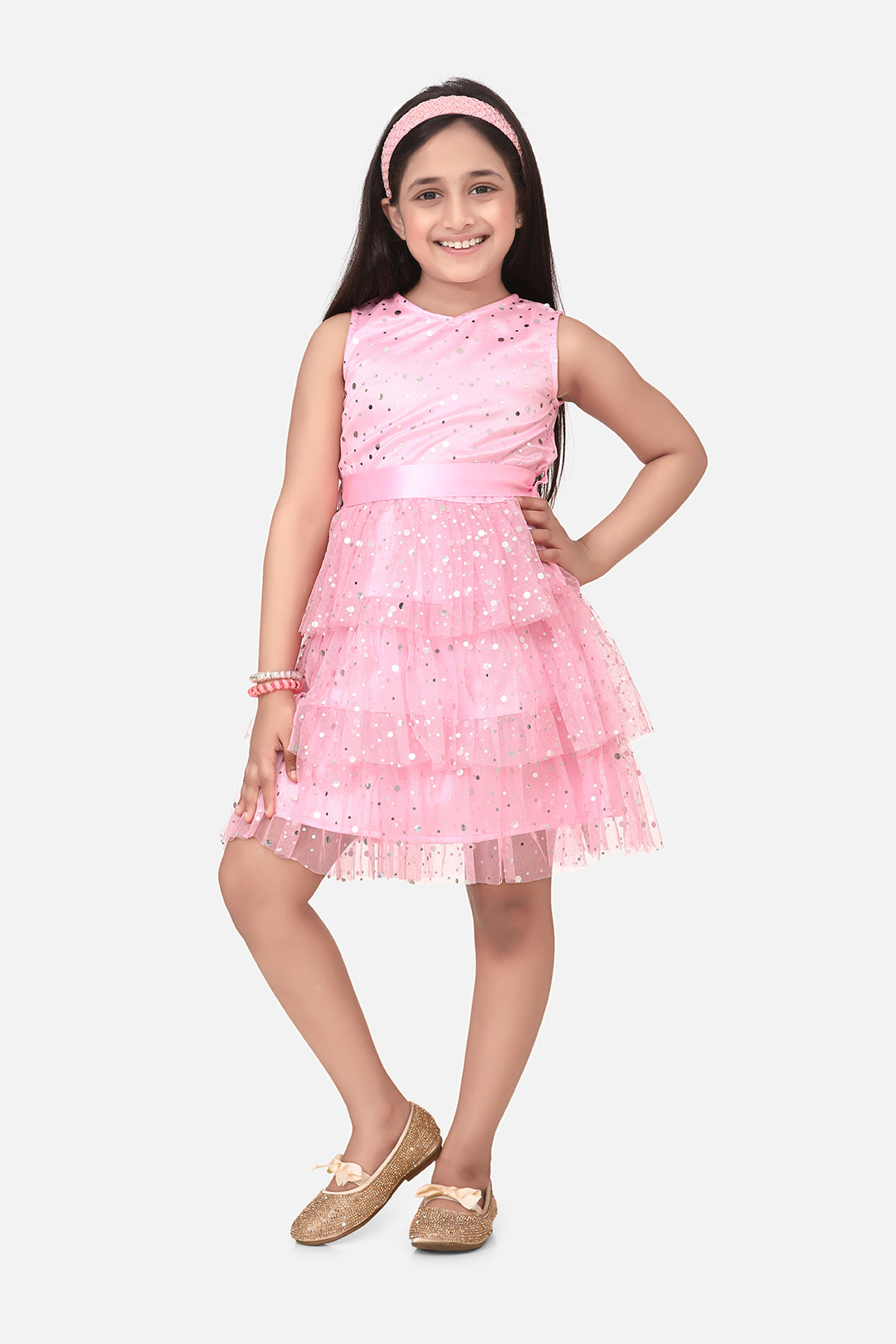 Gilr's Multitier Embellished Beige Net Party Dress - StyleStone Kid