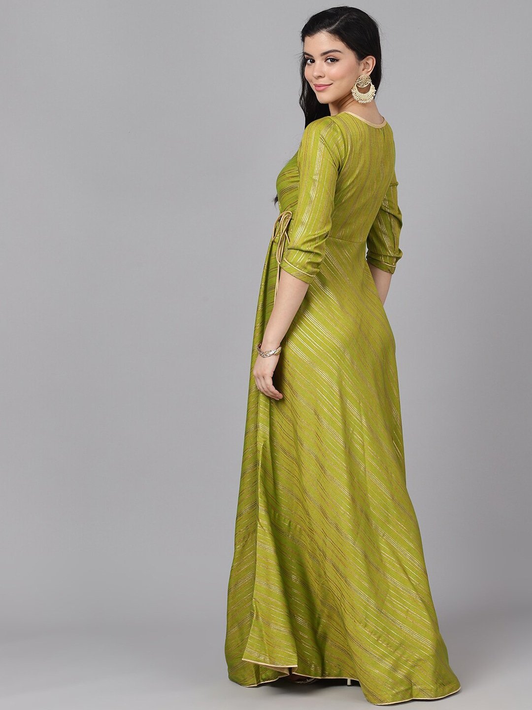 Women's  Green & Gold-Toned Striped Maxi Dress - AKS