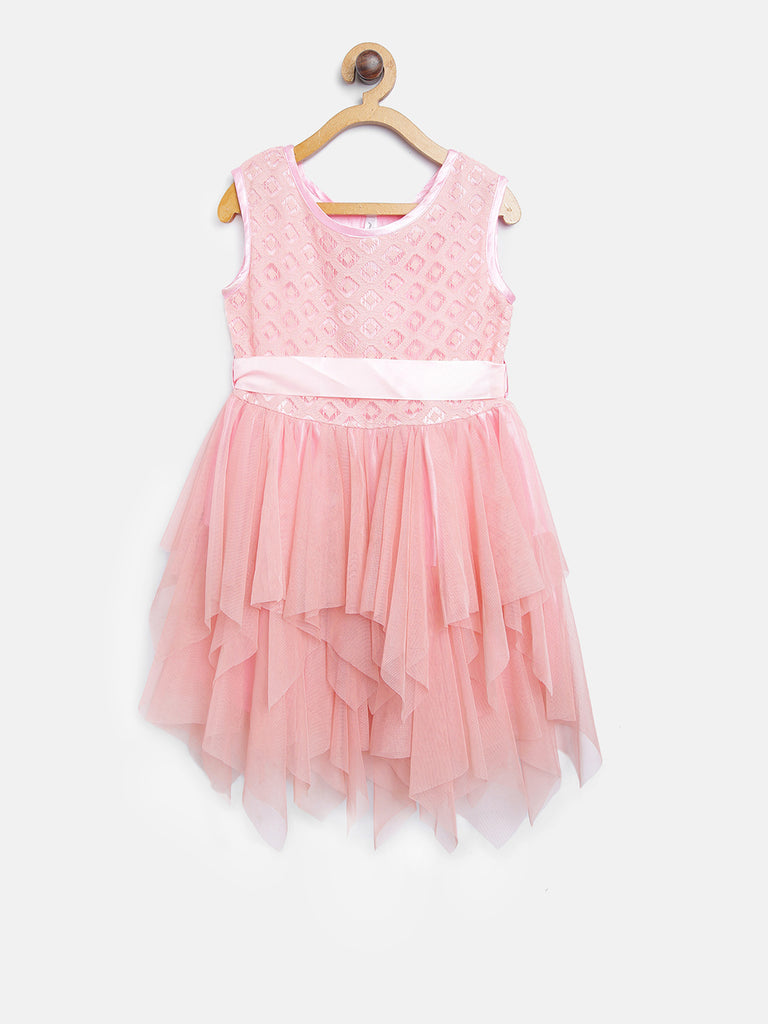 Gilr's Pink Satin Stripe Party Dress With Belt - S