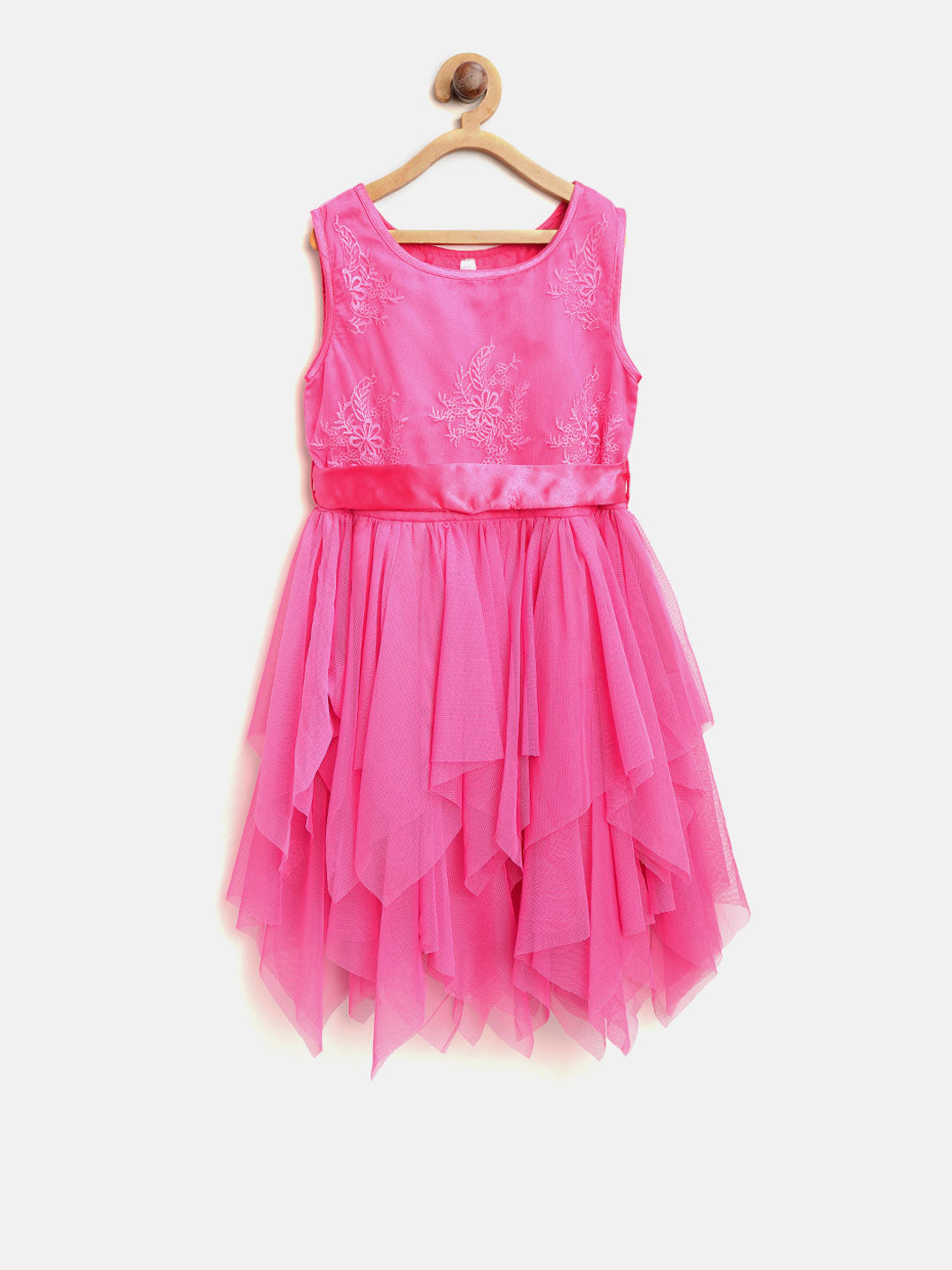 Gilr's Lace Embroidered Asymmetric Hemline Net Pink Party Dress - StyleStone Kid