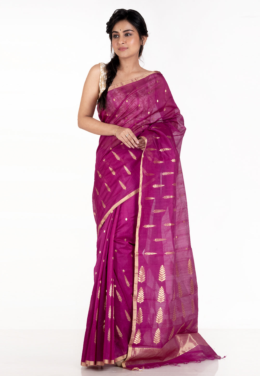 Women's Magenta Pure Chanderi Silk Saree With Golden Chinar Border And  Booti - Boveee