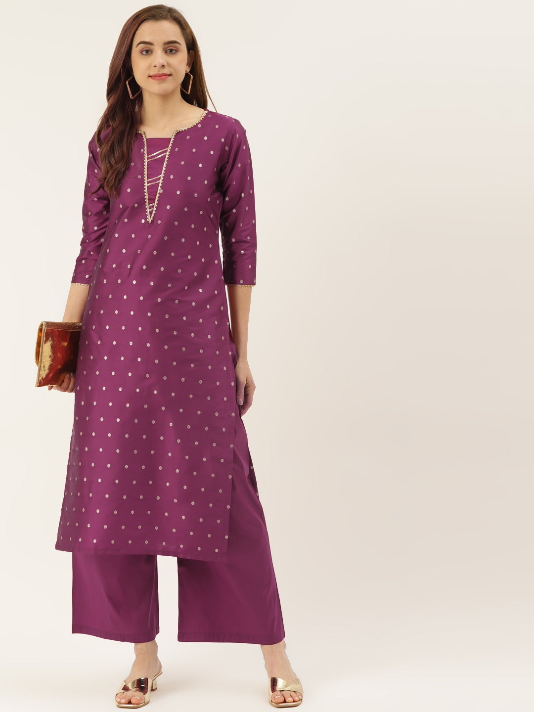 Women's Rani Color Silk Blend Straight Embellished Kurta Palazzo Set - VAABA