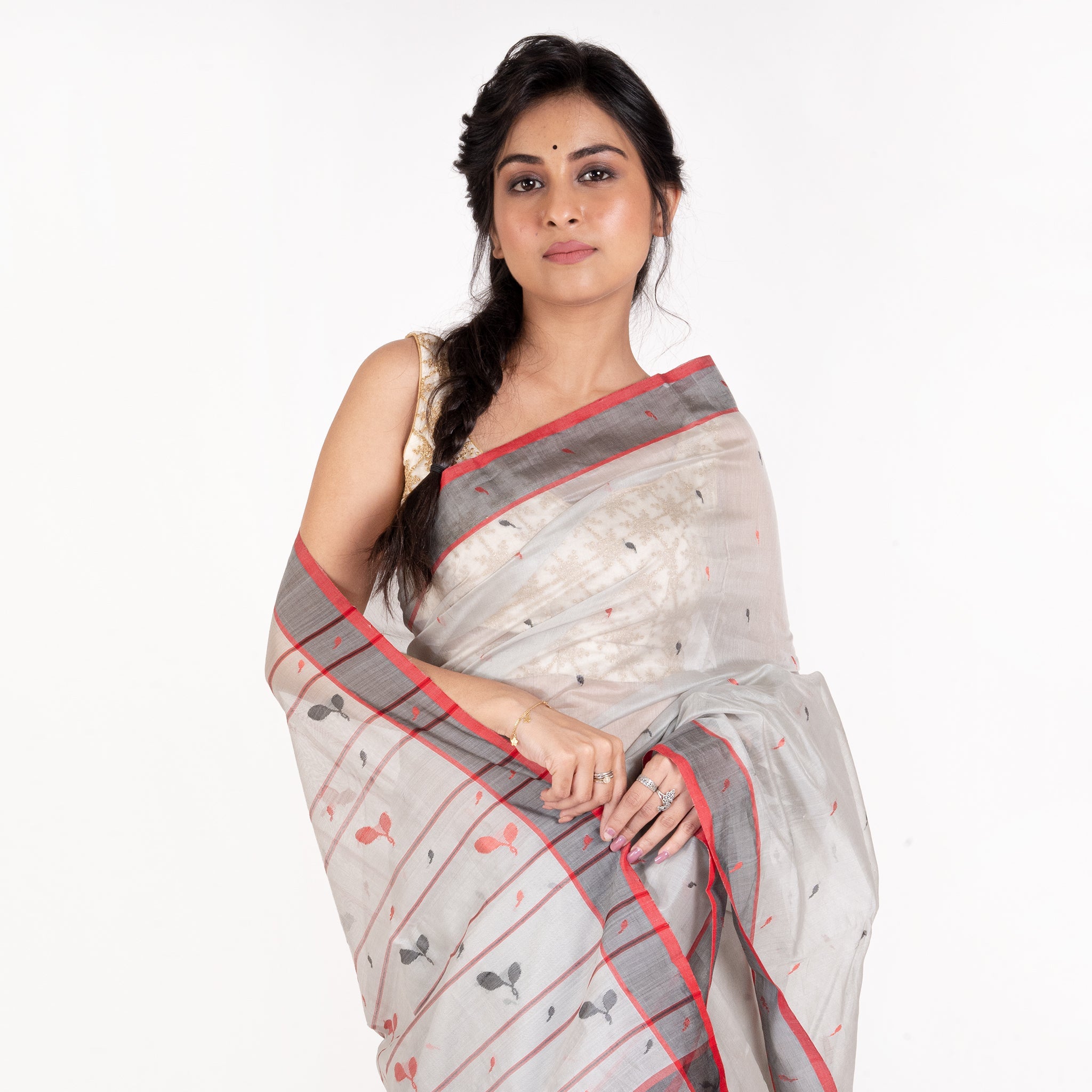 Women's Sea Grey Pure Chanderi Silk Saree With Black Border And Dual Color Booti - Boveee
