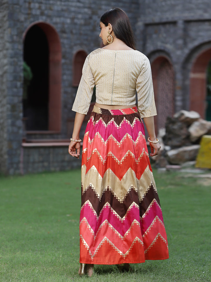 Women's Coral Silk Crepe Printed Flared Lehenga Choli Sets