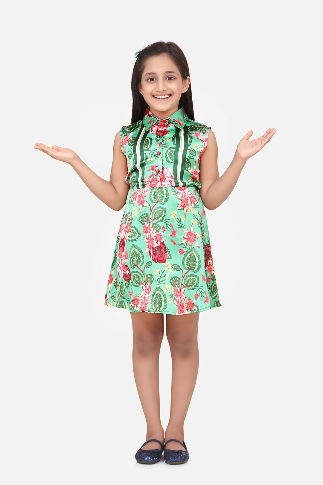 Gilr's Aqua Green Sheer Stripe Floral Dress - StyleStone Kid