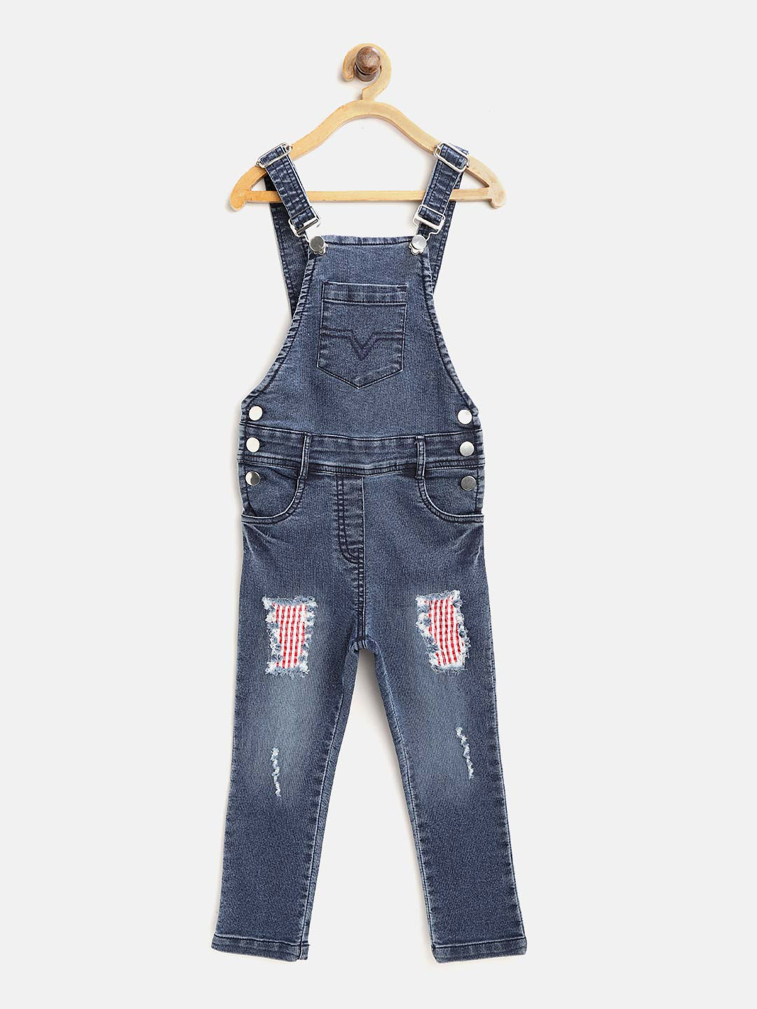 Gilr's Lycra Denim With Red Roll Up 3/4Th Capri Dungaree - StyleStone Kid