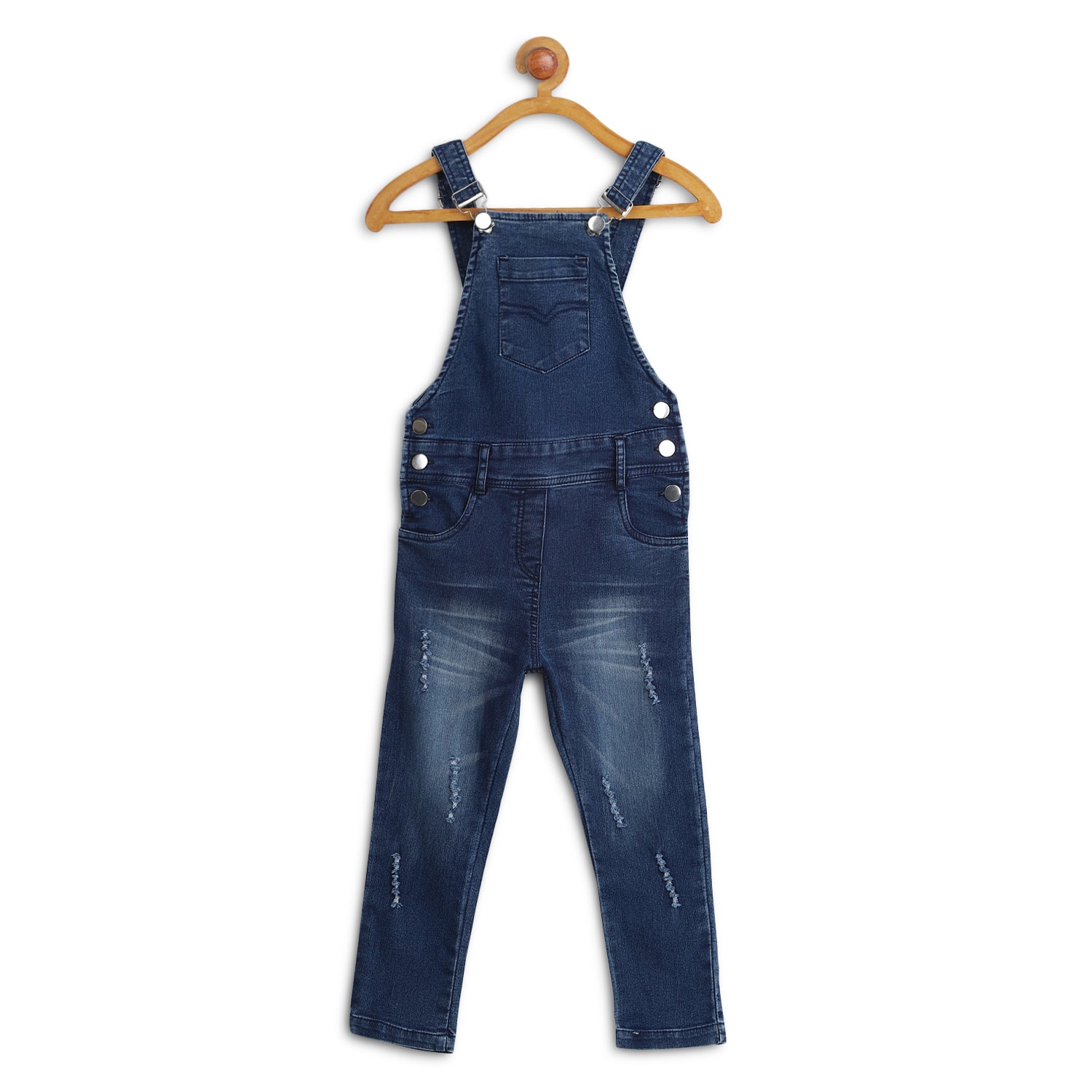 Girl's Lycra Denim Dungaree With Red Patch Distress - StyleStone Kid