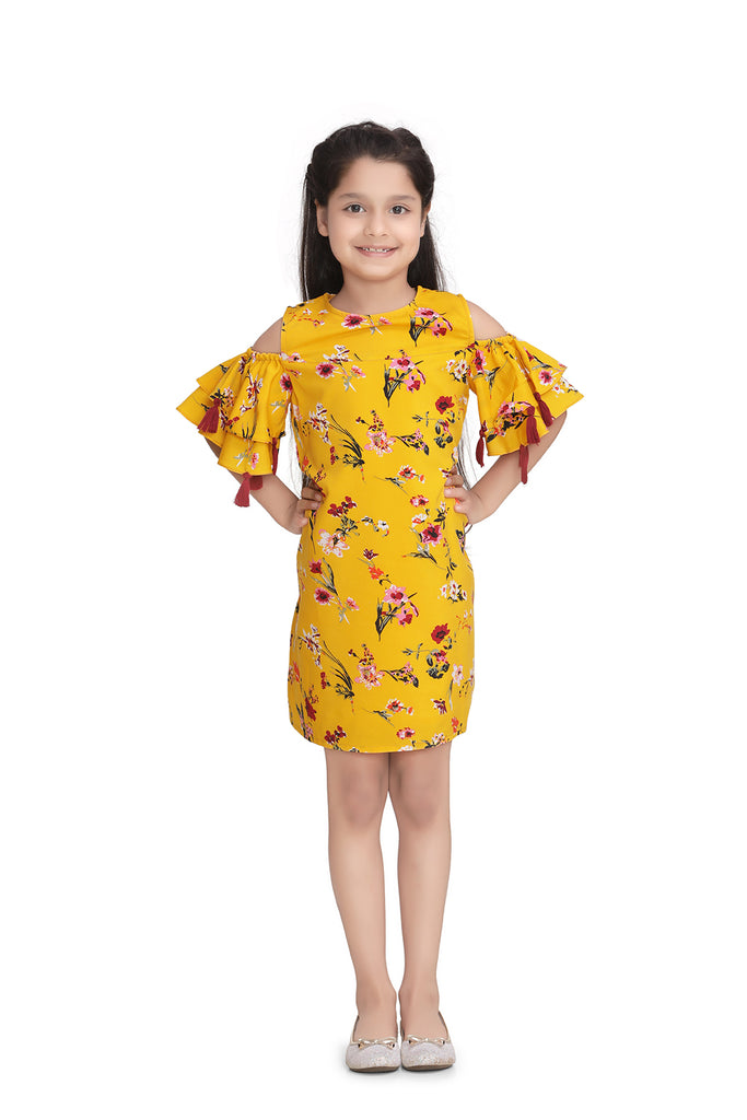 Girl's Pinapple Print Polyester Crepe Dress With Ruffle - S