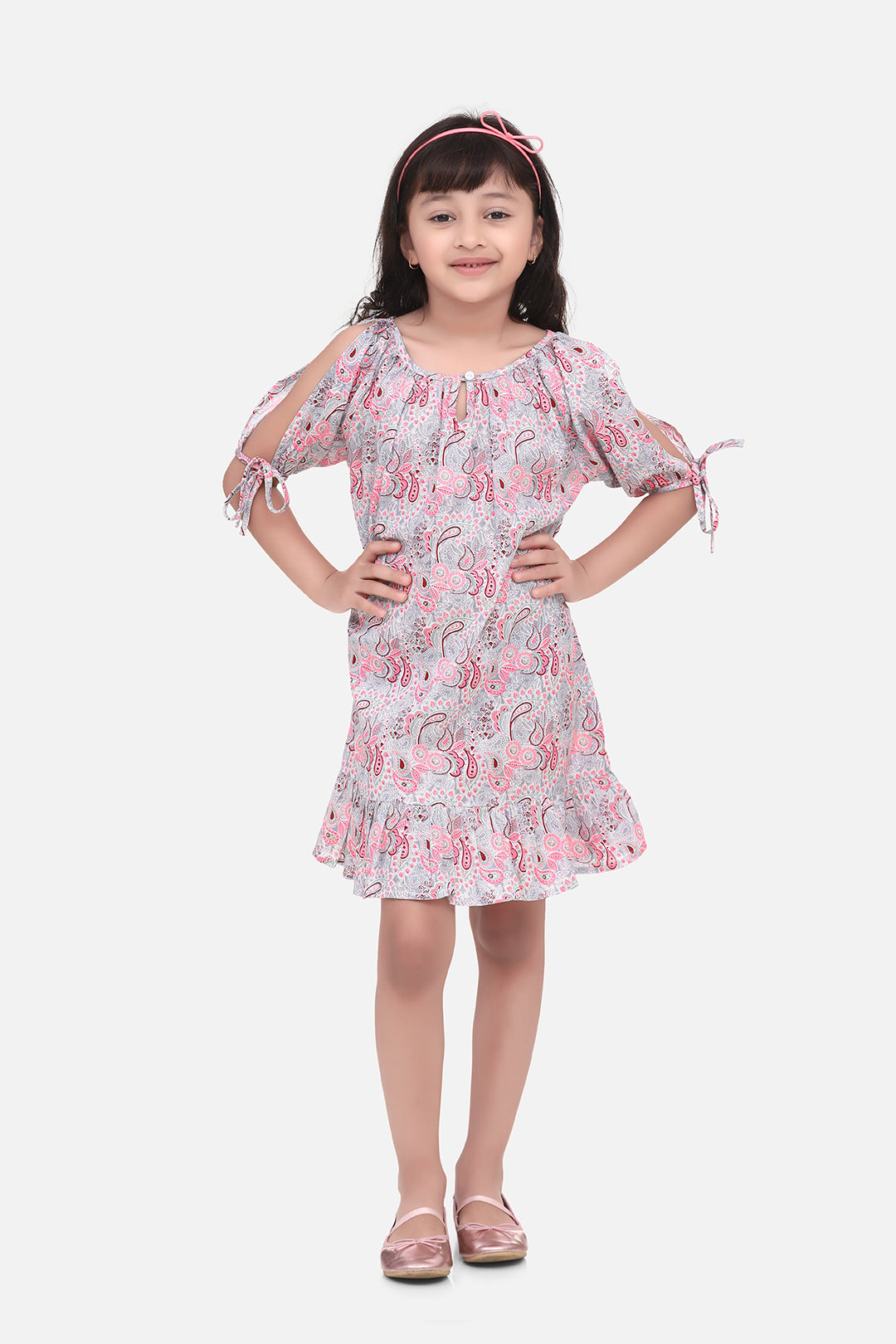 Girl's Navy Satin Giraffe Print Slit Sleeve Dress - StyleStone Kid