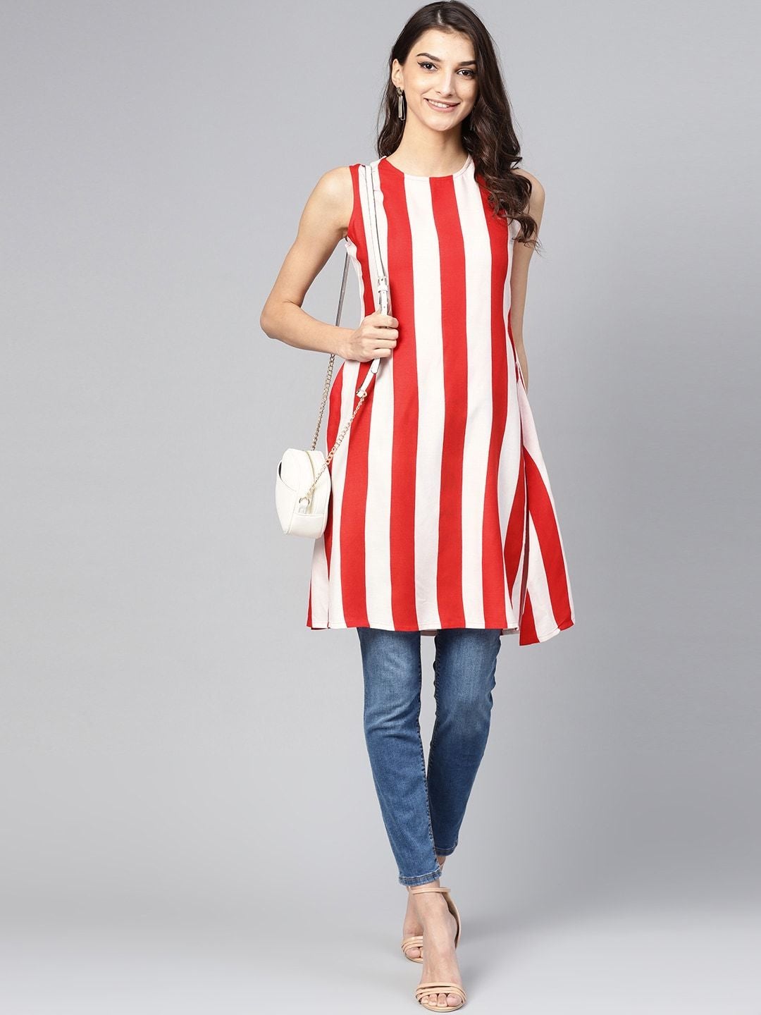 Women's Red & White Striped A-Line Dress - Meeranshi