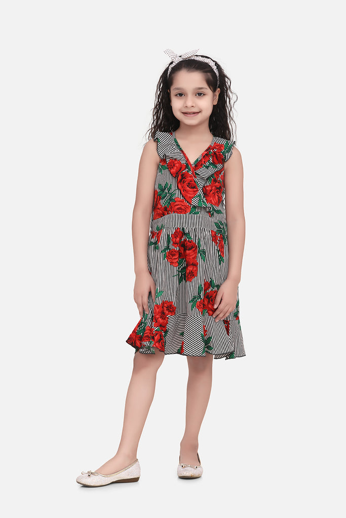 Girl's  Navy Floral Printed Satin Dress With Pom Pom Lace - S
