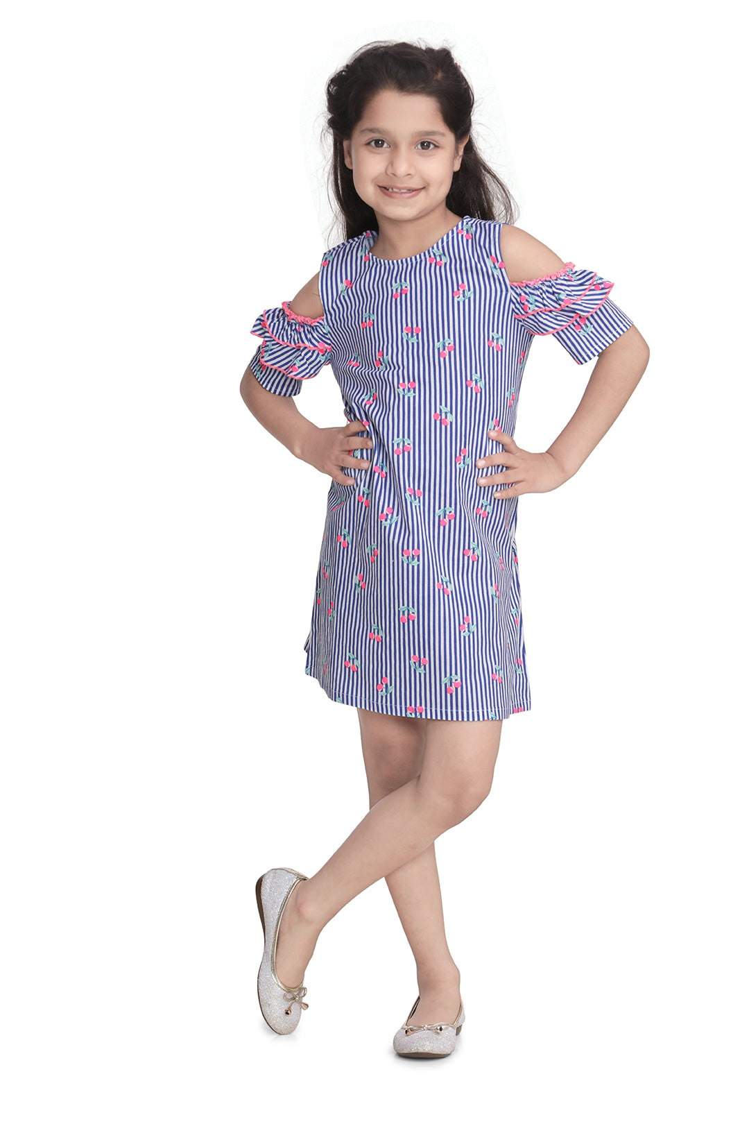 Girl's  Polyester Crepe Rose Print Ruffle Dress With Cross Back Style - StyleStone Kid