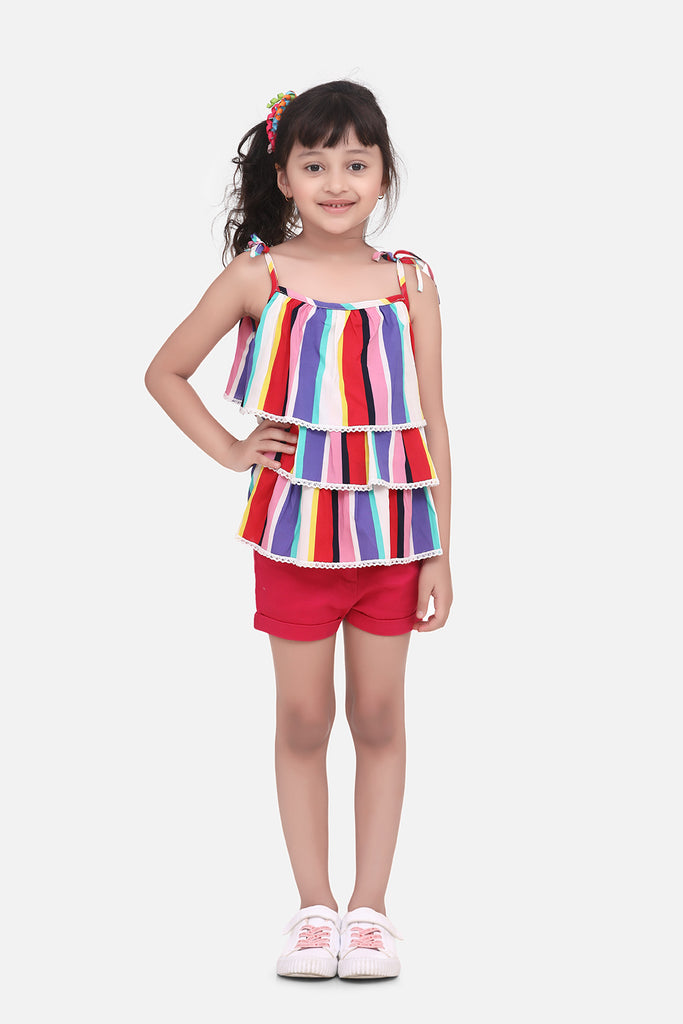 Girl's Red Top And Floral 3/4Th Pants Set - S