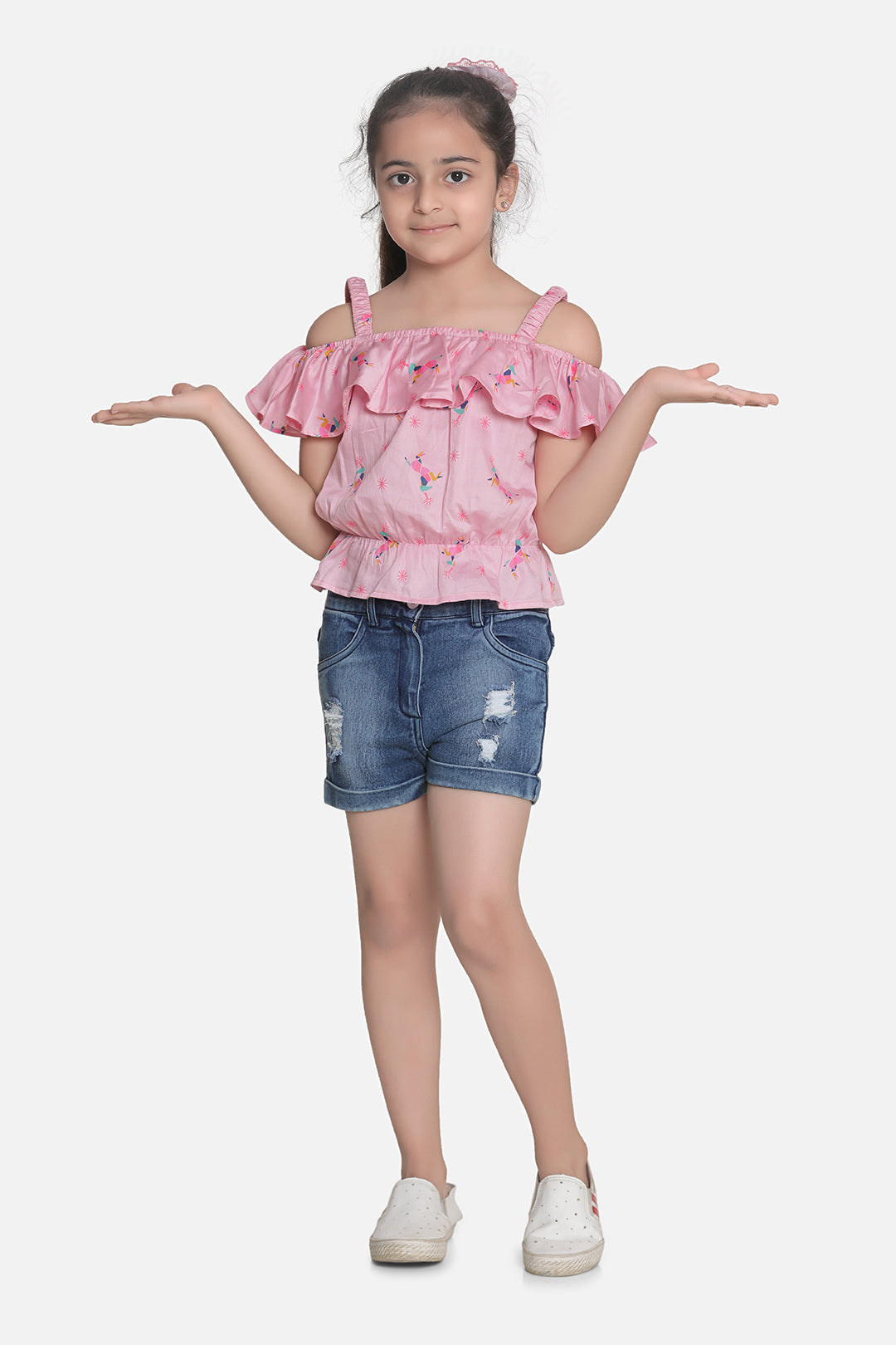 Girl's Pink Cotton Top And Shorts Set - StyleStone Kid